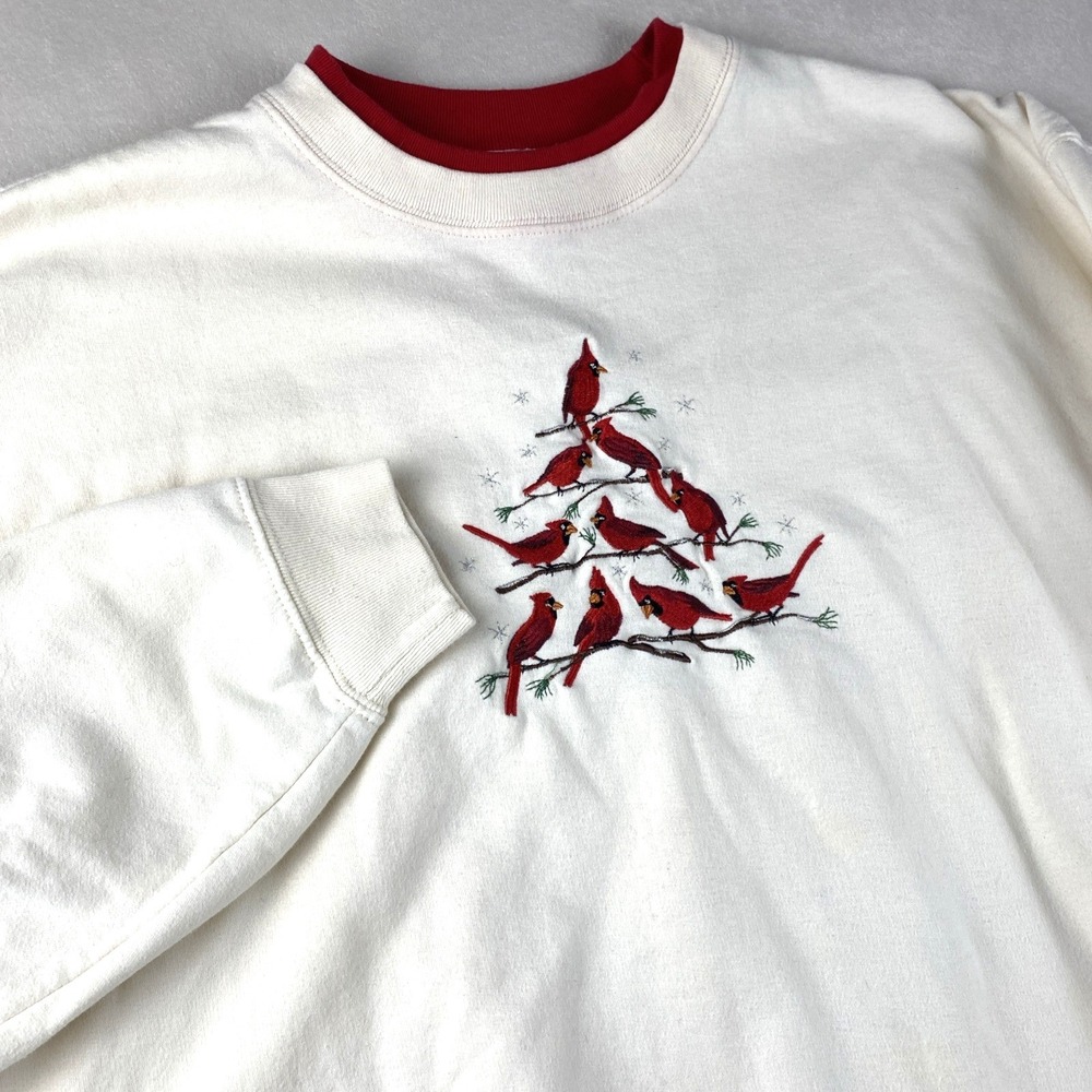 VTG Womens Grandmacore Sweatshirt Cardinal Embroidered XL White Birds READ‎